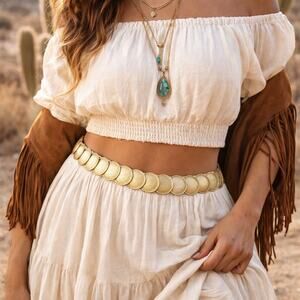 VTG L/XL Stretch Gold Tone Coin Style Belt Hook Closure Boho Festival Concert